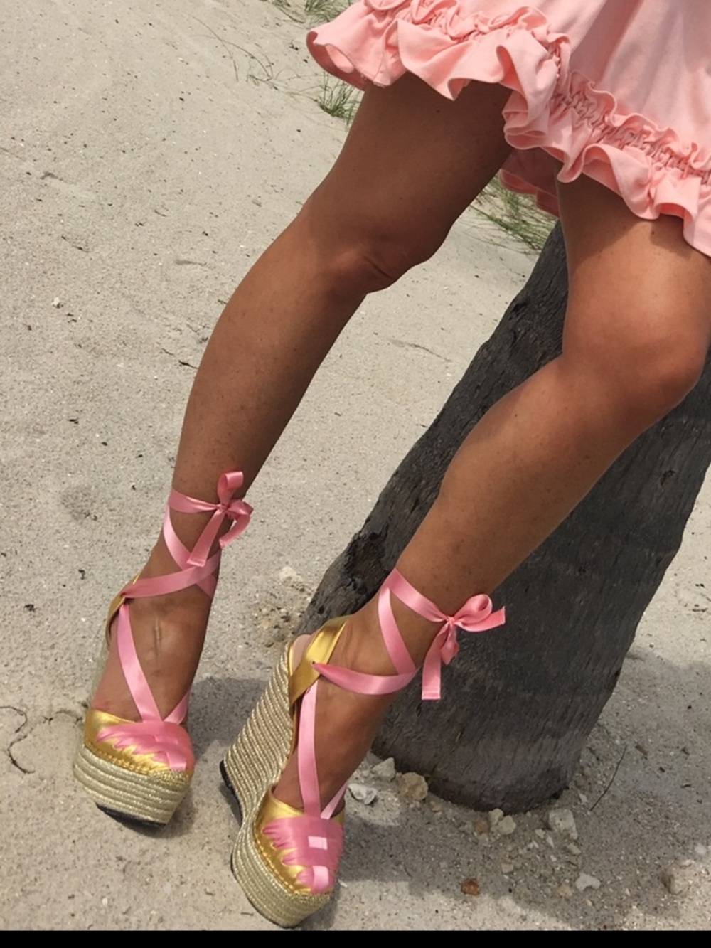 Gucci Gold Espadrille Wedge Sandals Pink Ribbon Tie Platform 37